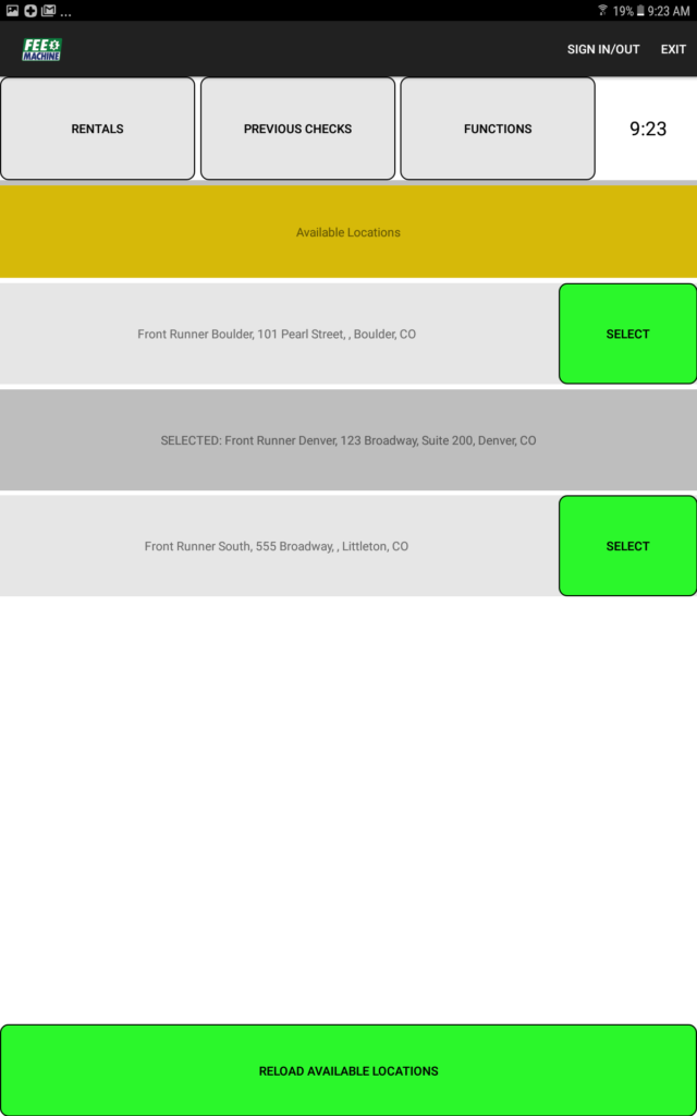 Fee Machine Tablet - Selecting a Location