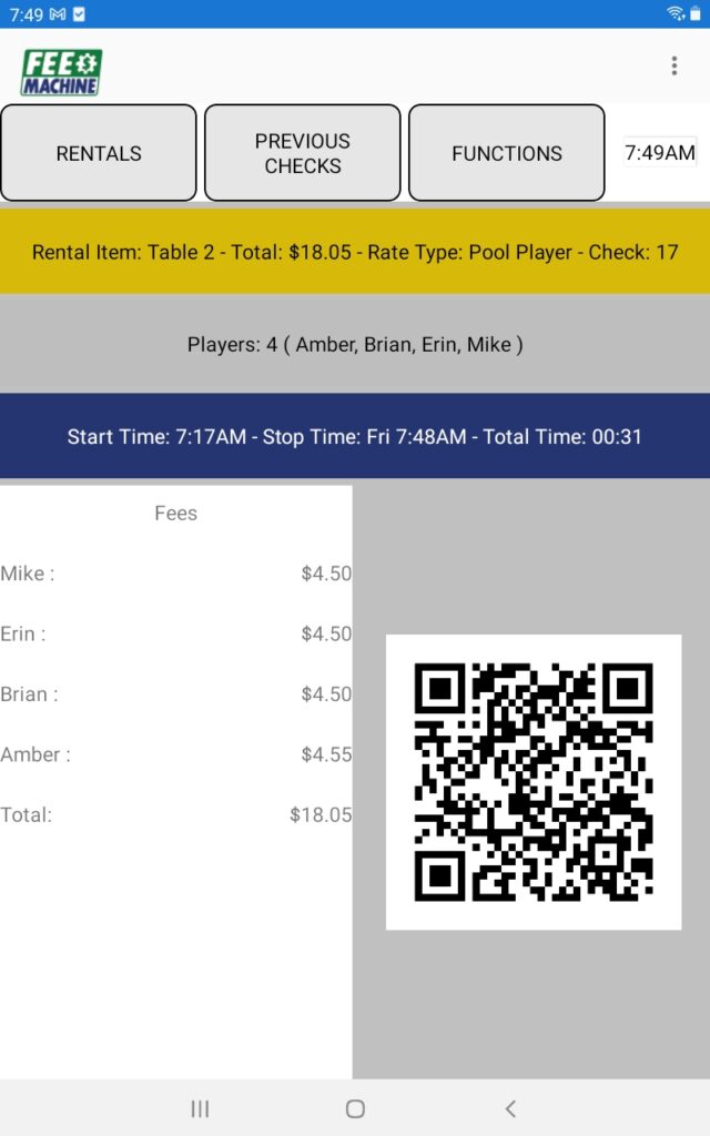 Completed Rental View on Fee Machine Tablet with QR Code